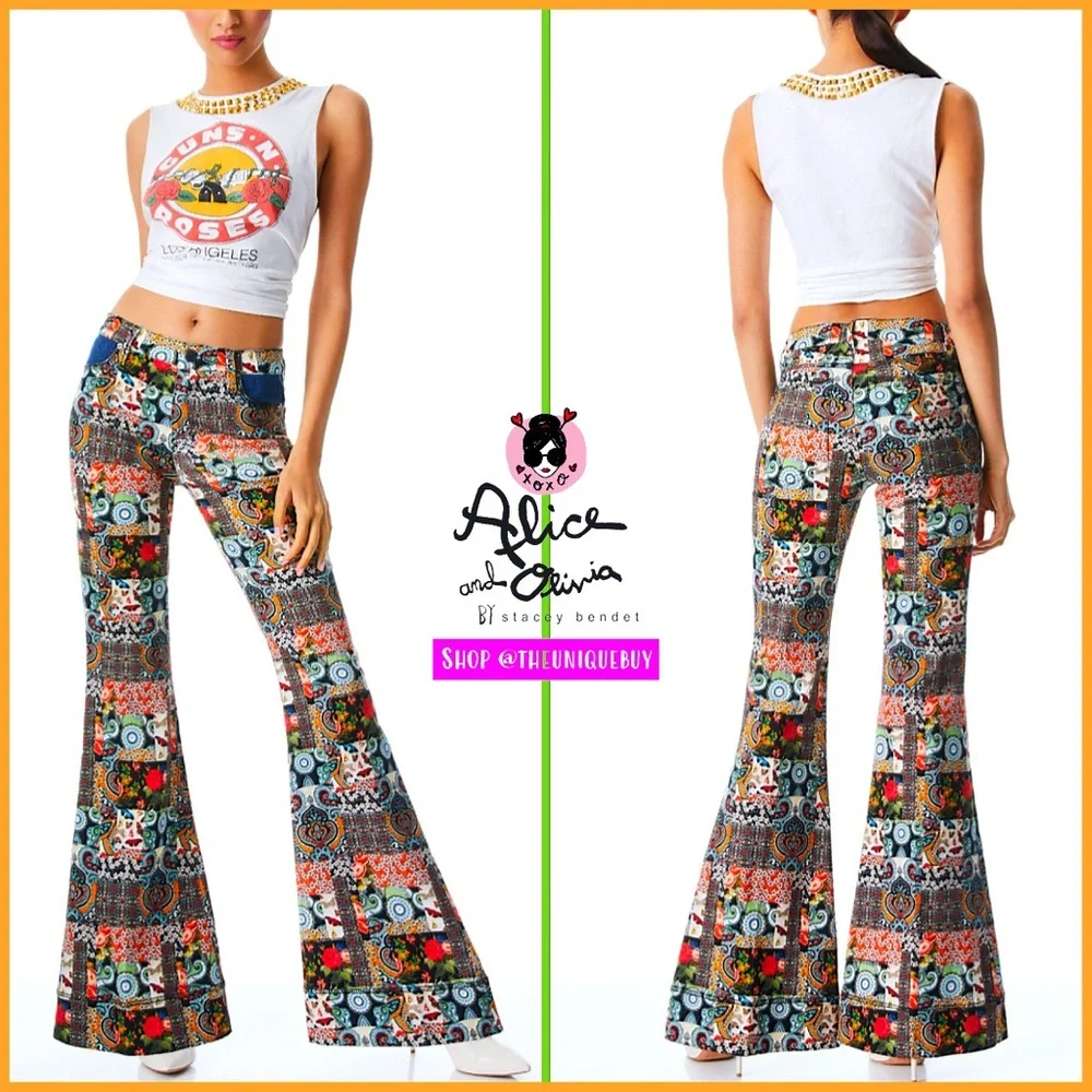 Alice + Olivia Beautiful Patchwork Mid Rise Denim Floral Flared Bell Jeans - Picture 6 of 17